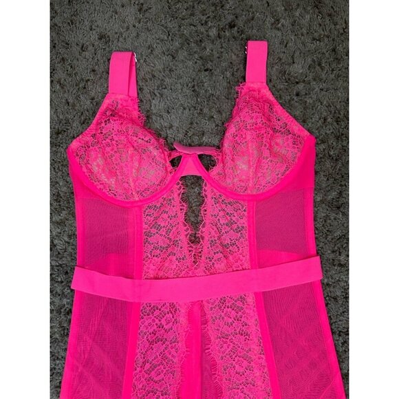 VICTORIA’S SECRET Neon Hot Pink Lace Garter Slip Corset Sexy Feminine Club 36C - Picture 7 of 7